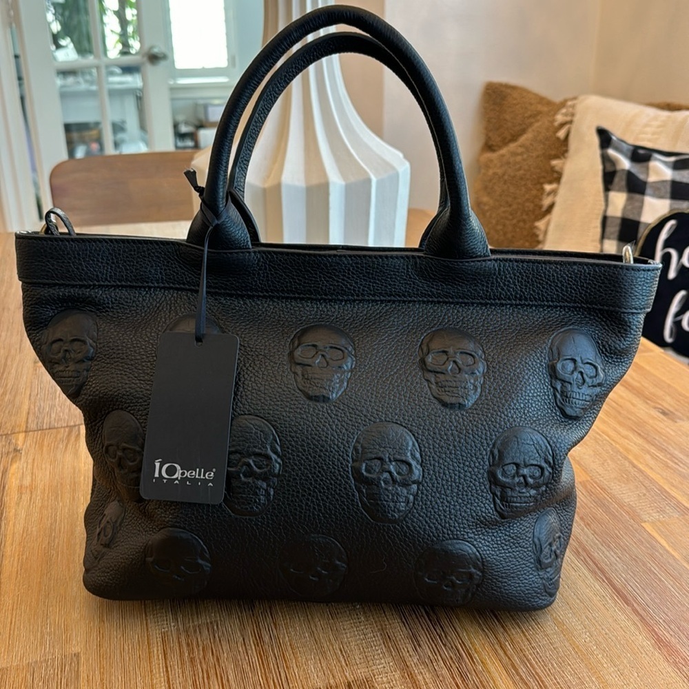 Io Pella Italia Antonio Cristiano Embossed Skulls Black Leather Tote Bag Purse